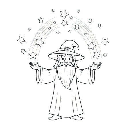 Twinkling Stars Wizard with Gentle Magic Black and White Line Art Coloring Pageのイラスト素材