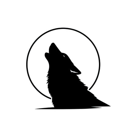 Retro Howling Wolf Silhouette Clip Art Minimalist Full Moon Flat Designのイラスト素材