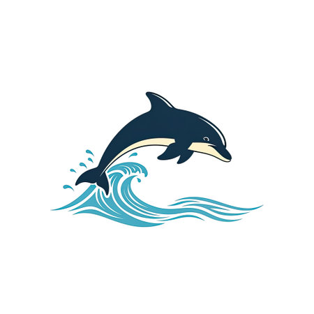 Retro Friendly Dolphin Jumping Clip Art Calm Ocean Waves Minimalist Designのイラスト素材