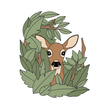 Retro Shy Deer Peeking Forest Foliage Clip Art Minimalist Flat Designのイラスト素材