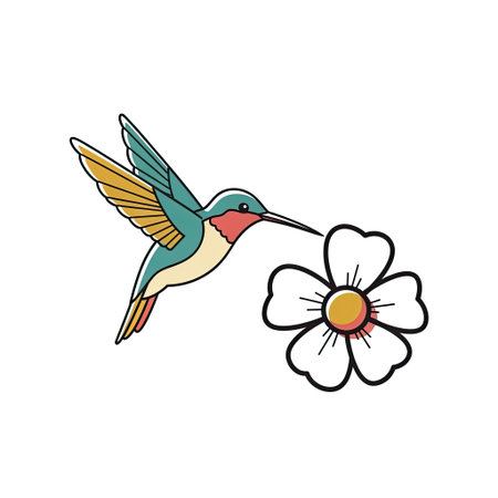 Retro Elegant Hummingbird Hovering Flower Clip Art Minimalist Flat Designのイラスト素材
