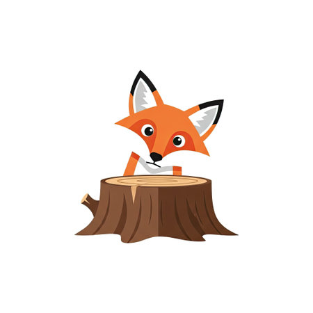 Retro Curious Fox Peeking from Tree Stump Clip Art Minimalist Flat Designのイラスト素材
