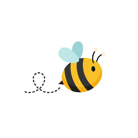 Retro Happy Bumblebee Flying Dotted Path Clip Art Minimalist Flat Design