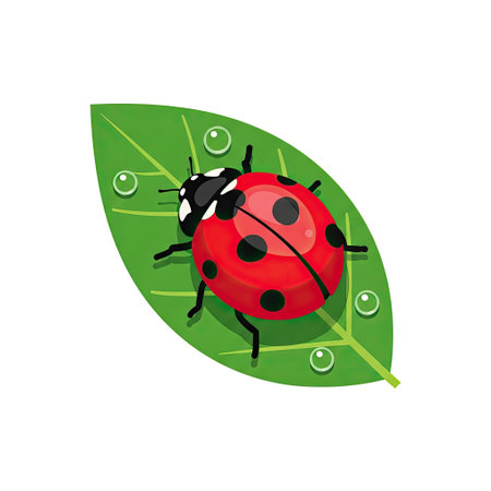Retro Bright Red Ladybug Green Leaf Clip Art Minimalist Flat Design Natureのイラスト素材