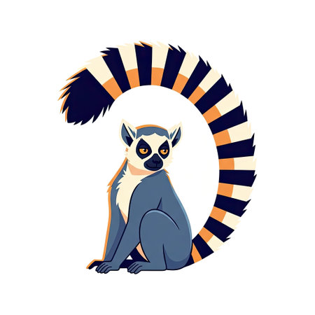 Grinning ring-tailed lemur character with an expressive face in a bold and dynamic modern flat...