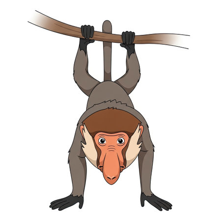Curious proboscis monkey character playfully hanging upside down by its tail from a branch