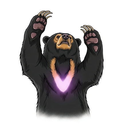 Playful sun bear character reaching upwards with a happy expression in a dynamic urban street art...