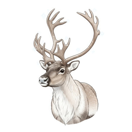 Dreamy domesticated reindeer character gazing peacefully with magical shimmering antlers and watercolor textureのイラスト素材