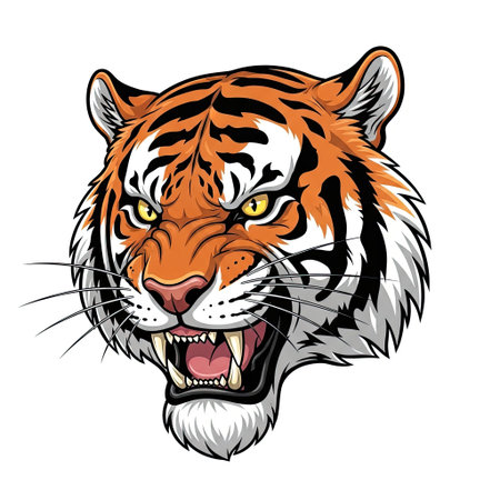 Snarling tiger character headshot in a fierce photorealistic illustration isolated on a white backgroundのイラスト素材