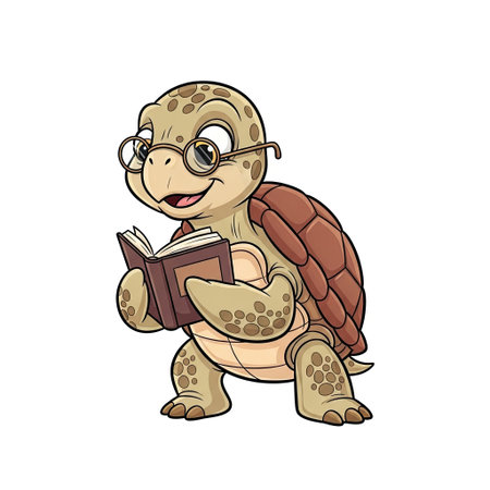 Wise turtle character wearing spectacles and reading a tiny book in a charming storybook art styleのイラスト素材