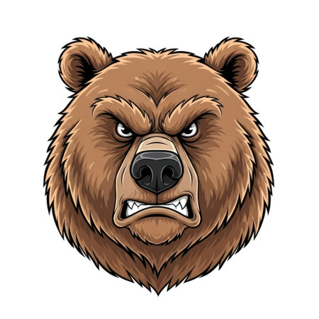 Grumpy grizzly bear character headshot in a detailed photorealistic illustration on a white backgroundのイラスト素材