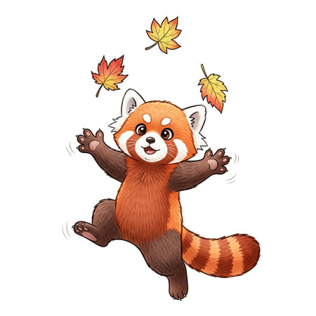 Soft watercolor illustration of a playful red panda character juggling colorful leaves in the airのイラスト素材