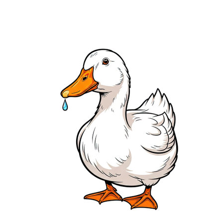 Witty Pekin duck character observing a sparkling water droplet in a bold, colorful pop art styleのイラスト素材