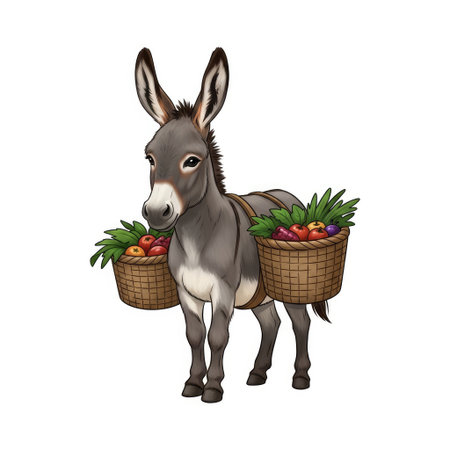 Rustic digital painting of a resilient miniature donkey character carrying a produce basket on its backのイラスト素材