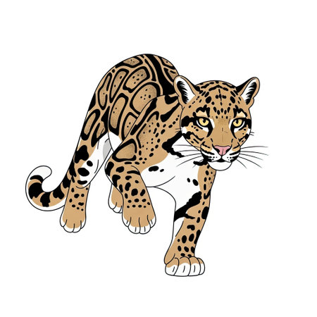 Stealthy clouded leopard character poised for a playful leap in a clean minimalist vector art styleのイラスト素材