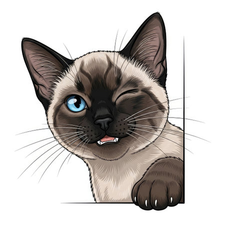Engaging photorealistic illustration of a mischievous Siamese kitten character playfully peeking at the viewerのイラスト素材