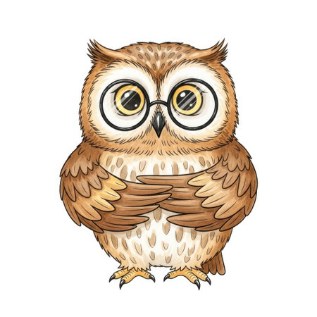 Expressive and wise spectacled owl character with glasses in a charming storybook watercolor art styleのイラスト素材
