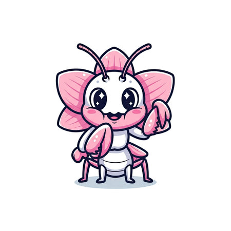 Cute and expressive orchid mantis character with a friendly smile in a whimsical and fun cartoon styleのイラスト素材