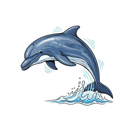 Playful Irrawaddy dolphin character breaching the water in a cool retro sci-fi aesthetic illustrationのイラスト素材