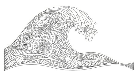Stylized Ocean Wave Breaking Flowing Zen Doodle Foam Adult Coloring Pageのイラスト素材