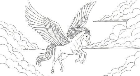 Adult Fantasy Coloring Sheet Majestic Pegasus over Clouds Flowing Mane Detailed Artのイラスト素材
