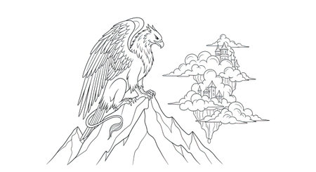 Stylized Cloud Kingdom View Griffin on Mountain Peak Adult Fantasy Coloring Artのイラスト素材