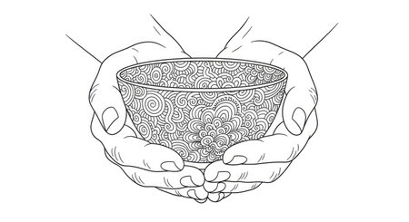 Hands Gently Holding a Patterned Zen Bowl for Mindful Adult Coloring Activityのイラスト素材
