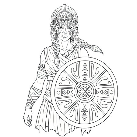 Determination and Courage Line Art Strong Ancient Amazonian Warrior Adult Coloring Pageのイラスト素材
