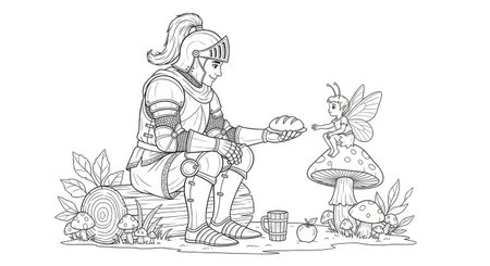 Knight and Friendly Sprite Meal Forest Encounter Adult Fantasy Coloring Pageのイラスト素材