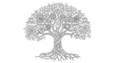 Tree of Life with Intricate Zen Doodle Branches and Roots Adult Coloring Artのイラスト素材
