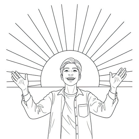 Optimism and Hope Joyful Figure with Outstretched Arms Towards Rising Sunのイラスト素材