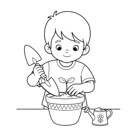 Kid Planting Seedling Empowerment and Nature Kids Coloring Pageのイラスト素材