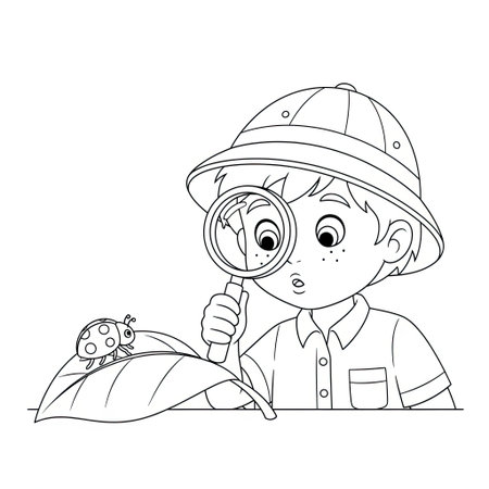 Child Exploring Ladybug Coloring Page for Kids Curiosity and Discovery Themeのイラスト素材
