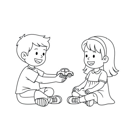 Young Boy Sharing Toy Kindness and Friendship Kids Coloring Pageのイラスト素材