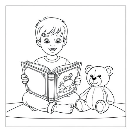 Young Boy Reading to Stuffed Animal Empathy and Literacy Kids Coloring Pageのイラスト素材