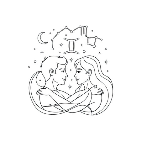 Gemini Twins Embracing Dynamic Celestial Constellation Adult Coloring Pageのイラスト素材