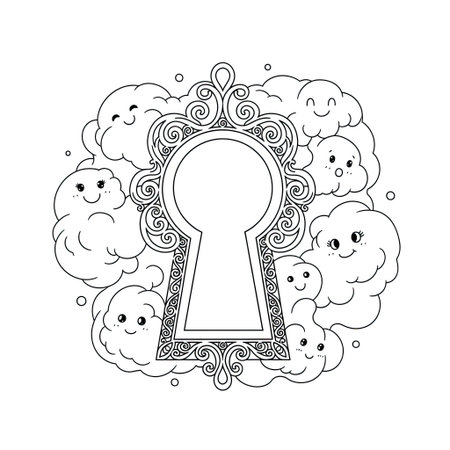 Commercial Coloring Page Mystical Keyhole with Friendly Swirling Mist for Kidsのイラスト素材