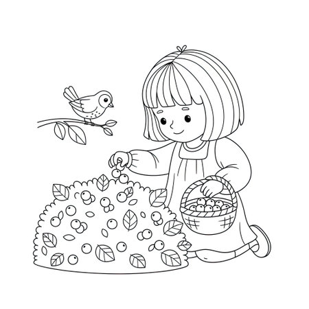Child Picking Berries Cottagecore Kids Coloring Page with Bush and Small Basketのイラスト素材