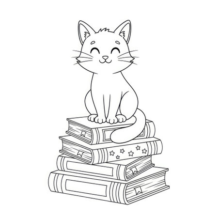 Commercial Kids Coloring Charming Black Cat on Stack of Magical Booksのイラスト素材