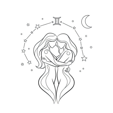 Intricate Gemini Twins Embracing Celestial Constellation Adult Coloring Book Artのイラスト素材
