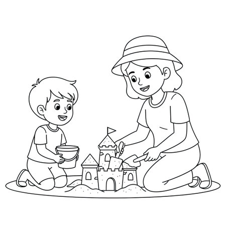 Child Building Sandcastle Coloring Page for Kids Teamwork and Creativity Themeのイラスト素材