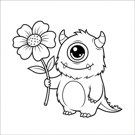 Children's Whimsigoth Art Simple Scene with a Cute One-Eyed Monster and a Flowerのイラスト素材