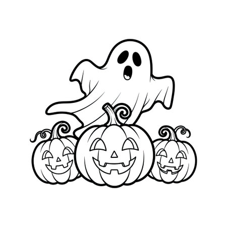Kid Friendly Gothic Coloring Page Featuring a Friendly Ghost and Happy Smiling Pumpkins Sceneのイラスト素材