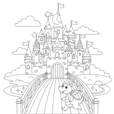 Whimsical Magical Castle with Rainbow Bridge and Stars Kids Coloring Pageのイラスト素材