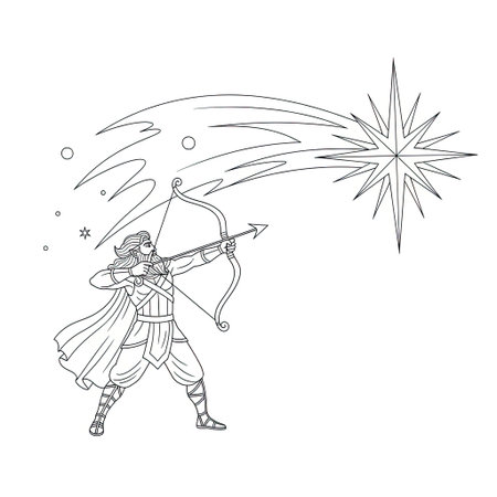 Sagittarius Archer and Shooting Star Dynamic Fire Sign Adult Coloring Sheet Designのイラスト素材