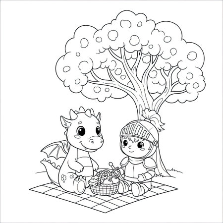 Friendly Dragon and Brave Knight Sharing a Picnic Magical Forest Kids Coloringのイラスト素材