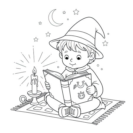 Kids Coloring Page Young Magician Reading an Ancient Spell Book Cozy Fantasy Libraryのイラスト素材