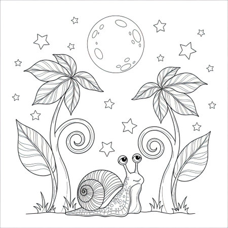 Whimsigoth Garden Scene Glowing Plants and a Curious Snail Coloring Page for Kidsのイラスト素材