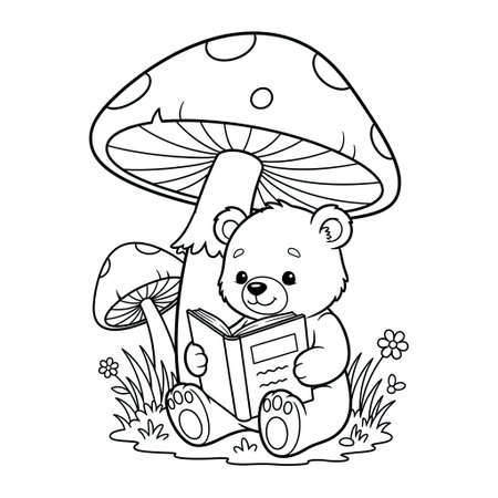 Peaceful Bear Reading Outdoors Cottagecore Kids Coloring Page with Book and Mushroomsのイラスト素材