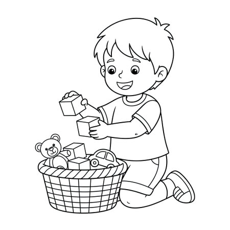 Child Helping Put Away Toys Coloring Page for Kids Responsibility and Order Themeのイラスト素材
